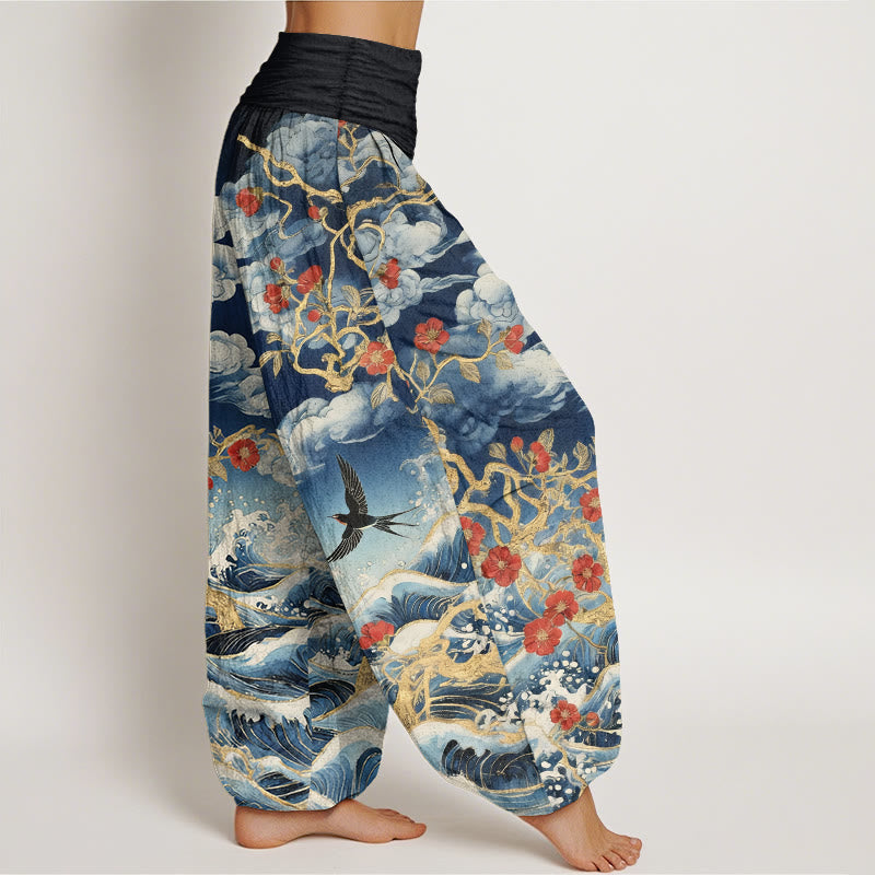 Buddha Stones Pure Cotton Auspicious Clouds Red Blossoms Swallow Ocean Waves Women's Elastic Waist Harem Pants - image 2