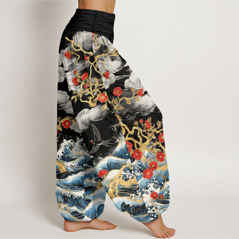 Buddha Stones Pure Cotton Auspicious Clouds Red Blossoms Swallow Ocean Waves Women's Elastic Waist Harem Pants - image 7