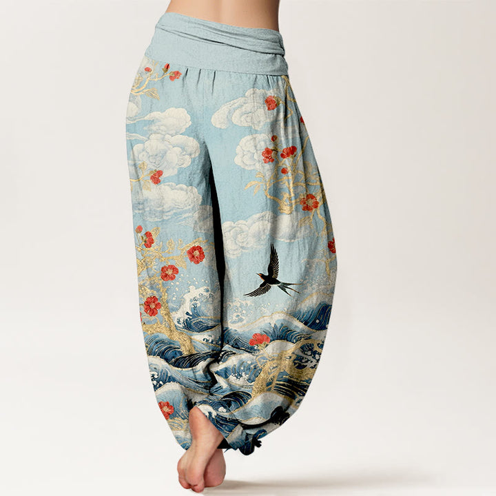 Buddha Stones Pure Cotton Auspicious Clouds Red Blossoms Swallow Ocean Waves Women's Elastic Waist Harem Pants - image 9
