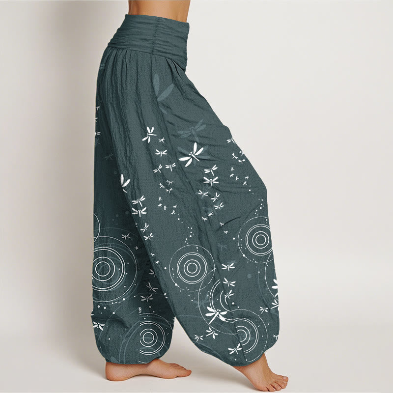 Buddha Stones Pure Cotton Circular Lines Dragonfly Women's Elastic Waist Harem Pants - image 1