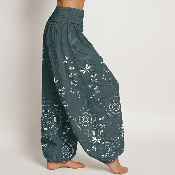 Buddha Stones Pure Cotton Circular Lines Dragonfly Women's Elastic Waist Harem Pants - image 1