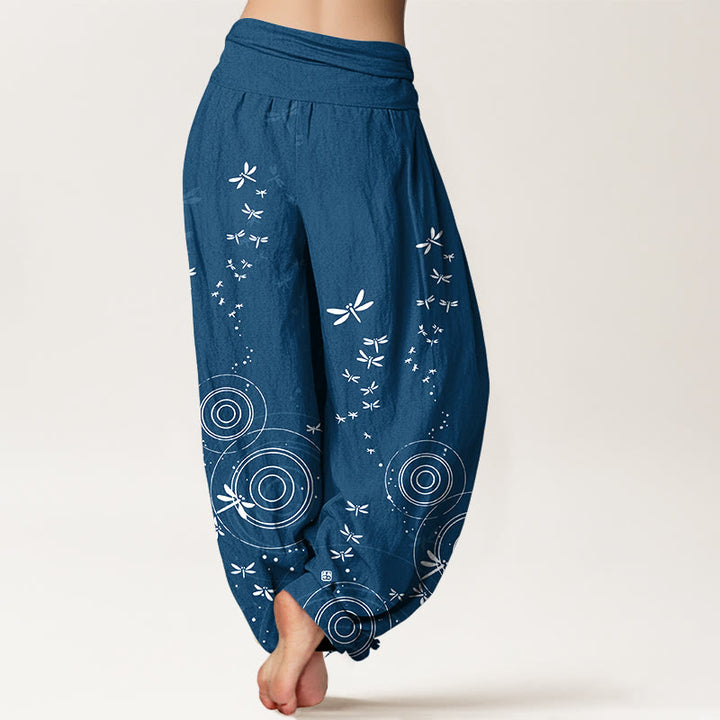 Buddha Stones Pure Cotton Circular Lines Dragonfly Women's Elastic Waist Harem Pants - image 6