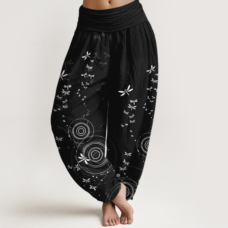 Buddha Stones Pure Cotton Circular Lines Dragonfly Women's Elastic Waist Harem Pants - Black - US16，UK/AU20，EU48 (3XL) - image 8