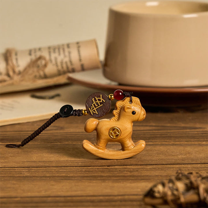 Buddha Stones Year of the Horse Rainbow Eucalyptus Small Leaf Red Sandalwood Linden Wood Ebony Carved Positive Key Chain - image 15