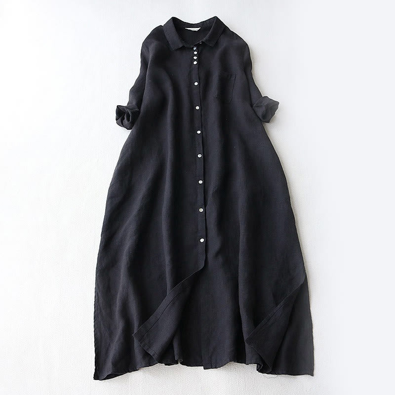 Buddha Stones Fall Solid Buttons Down Lapel Design Three Quarter Sleeve Women's Midi Dress With Pockets - Black - US12，UK/AU16，EU44 (2XL) - image 0