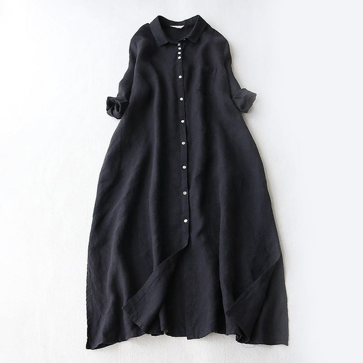 Buddha Stones Fall Solid Buttons Down Lapel Design Three Quarter Sleeve Women's Midi Dress With Pockets - Black - US12，UK/AU16，EU44 (2XL) - image 0