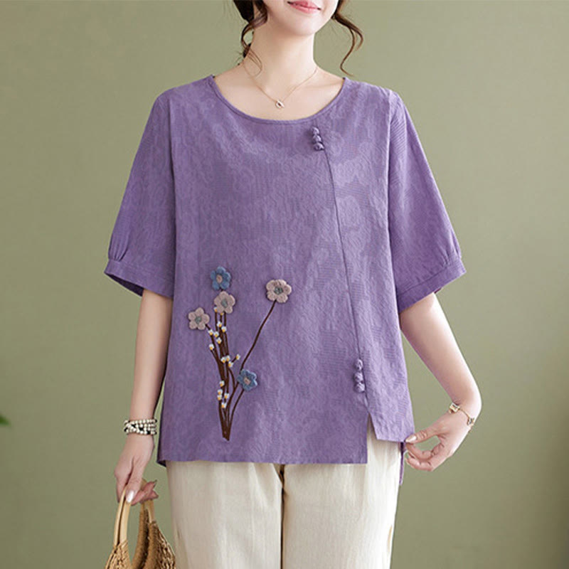 Buddha Stones Three-dimensional Flowers Design Crew Neck Short Sleeve Cotton Women's Shirt - image 3