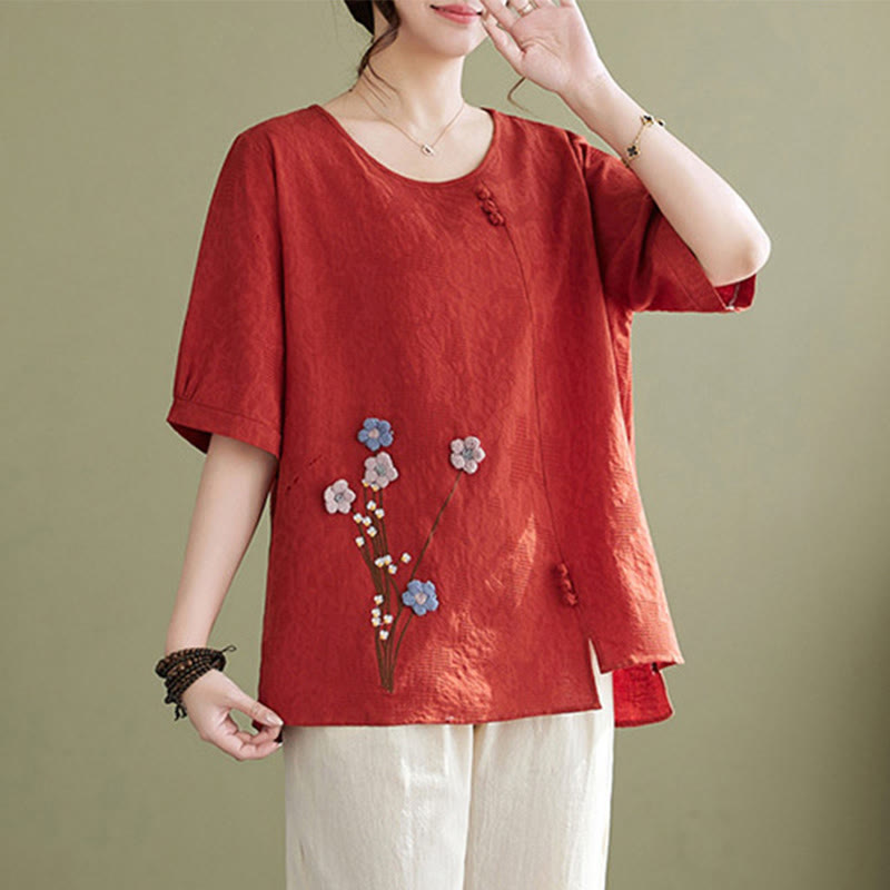 Buddha Stones Three-dimensional Flowers Design Crew Neck Short Sleeve Cotton Women's Shirt - image 8