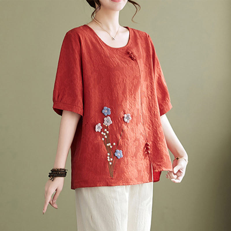 Buddha Stones Three-dimensional Flowers Design Crew Neck Short Sleeve Cotton Women's Shirt - image 7