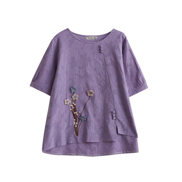 Buddha Stones Three-dimensional Flowers Design Crew Neck Short Sleeve Cotton Women's Shirt - image 5