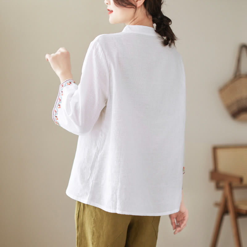 Buddha Stones Jacquard Frog-button Stand Collar Embroidered Three Quarter Sleeve Design Women's Cotton Shirt - image 17
