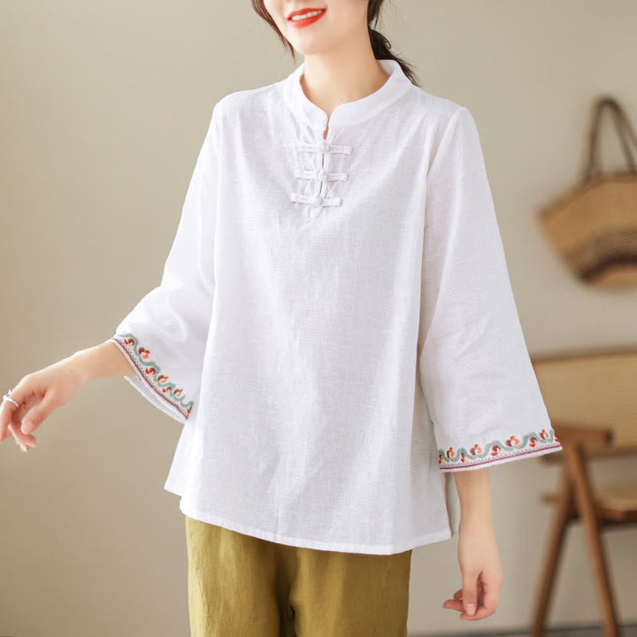 Buddha Stones Jacquard Frog-button Stand Collar Embroidered Three Quarter Sleeve Design Women's Cotton Shirt - White - US8-10，UK/AU12-14，EU40-42 (2XL) - image 14