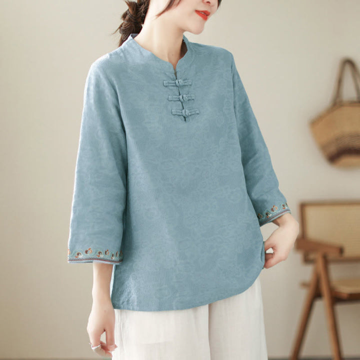 Buddha Stones Jacquard Frog-button Stand Collar Embroidered Three Quarter Sleeve Design Women's Cotton Shirt - image 11