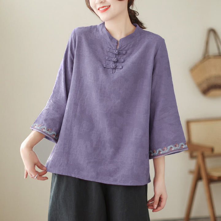 Buddha Stones Jacquard Frog-button Stand Collar Embroidered Three Quarter Sleeve Design Women's Cotton Shirt - image 3