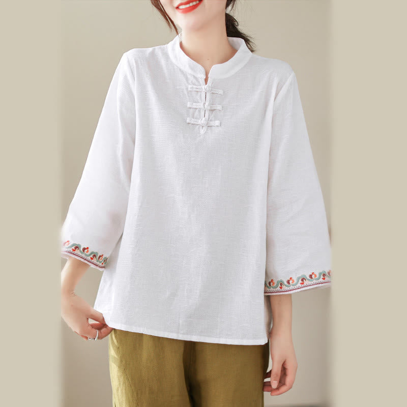 Buddha Stones Jacquard Frog-button Stand Collar Embroidered Three Quarter Sleeve Design Women's Cotton Shirt - image 19