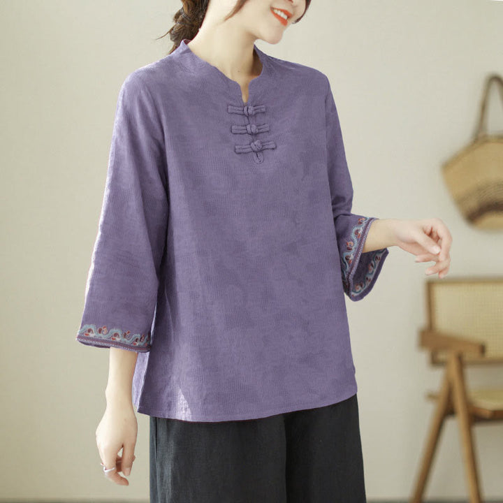 Buddha Stones Jacquard Frog-button Stand Collar Embroidered Three Quarter Sleeve Design Women's Cotton Shirt - BlueViolet - US8-10，UK/AU12-14，EU40-42 (2XL) - image 0