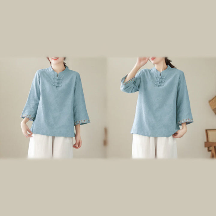 Buddha Stones Jacquard Frog-button Stand Collar Embroidered Three Quarter Sleeve Design Women's Cotton Shirt - image 13