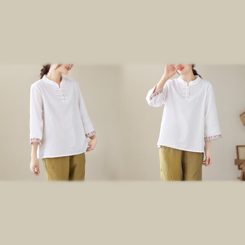 Buddha Stones Jacquard Frog-button Stand Collar Embroidered Three Quarter Sleeve Design Women's Cotton Shirt - image 20