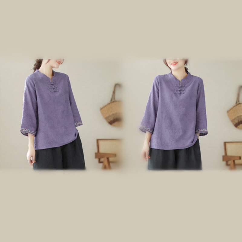 Buddha Stones Jacquard Frog-button Stand Collar Embroidered Three Quarter Sleeve Design Women's Cotton Shirt - image 5