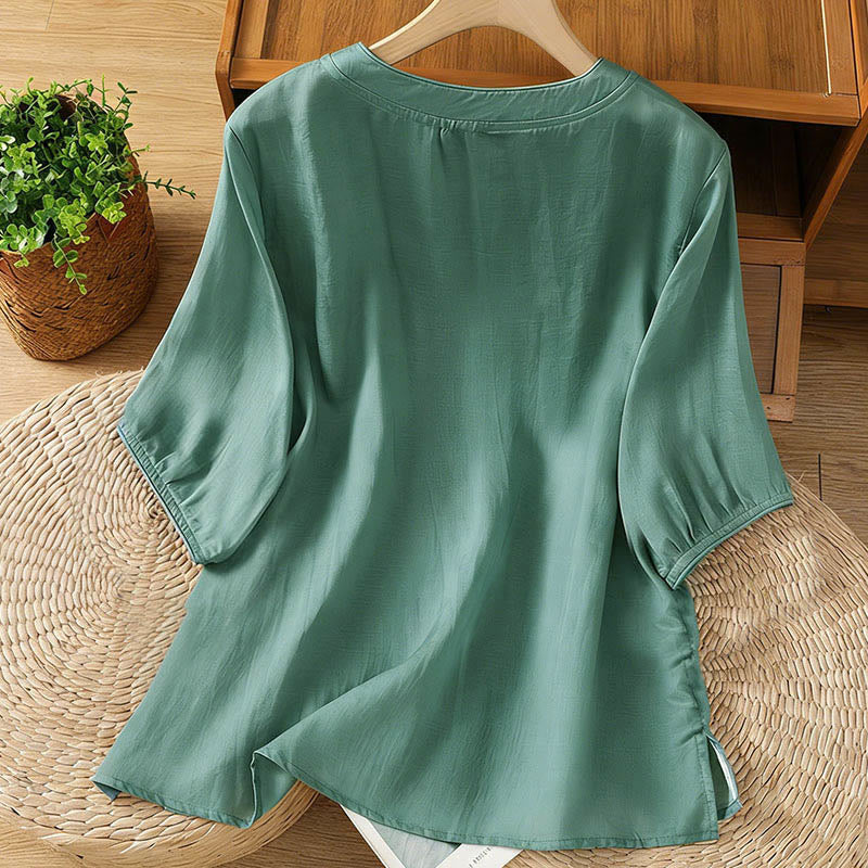 Buddha Stones Frog-button Stand Collar Embroidered Flower Elastic Cuff Three Quarter Sleeve Women's Shirt - image 1