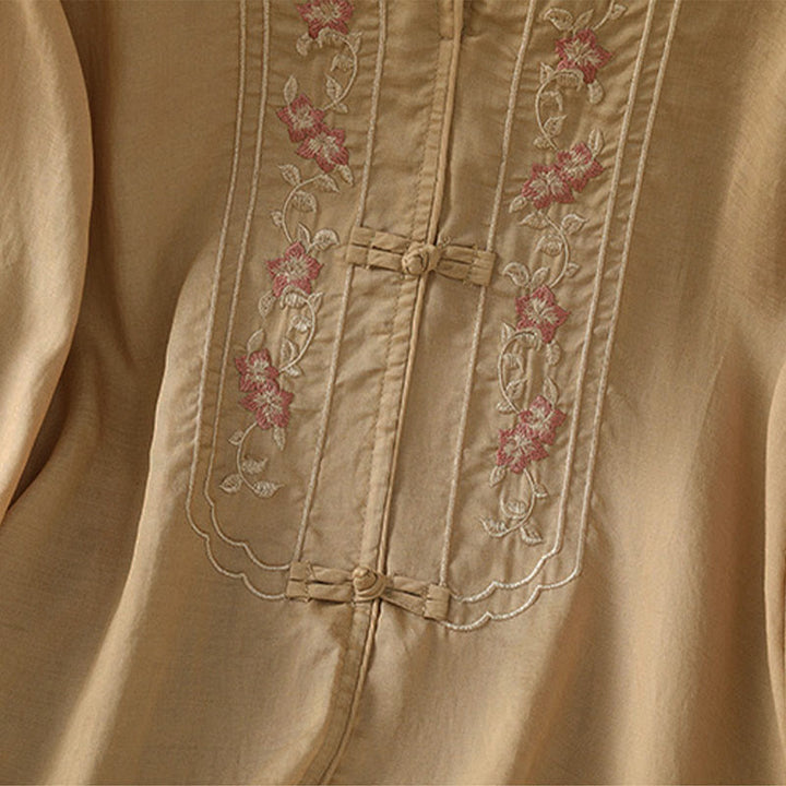 Buddha Stones Frog-button Stand Collar Embroidered Flower Elastic Cuff Three Quarter Sleeve Women's Shirt - image 10