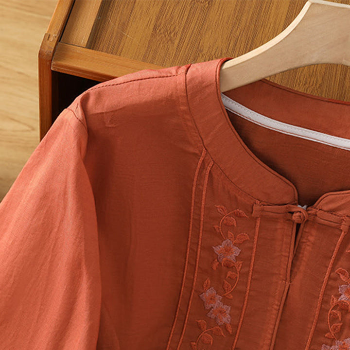Buddha Stones Frog-button Stand Collar Embroidered Flower Elastic Cuff Three Quarter Sleeve Women's Shirt - image 18