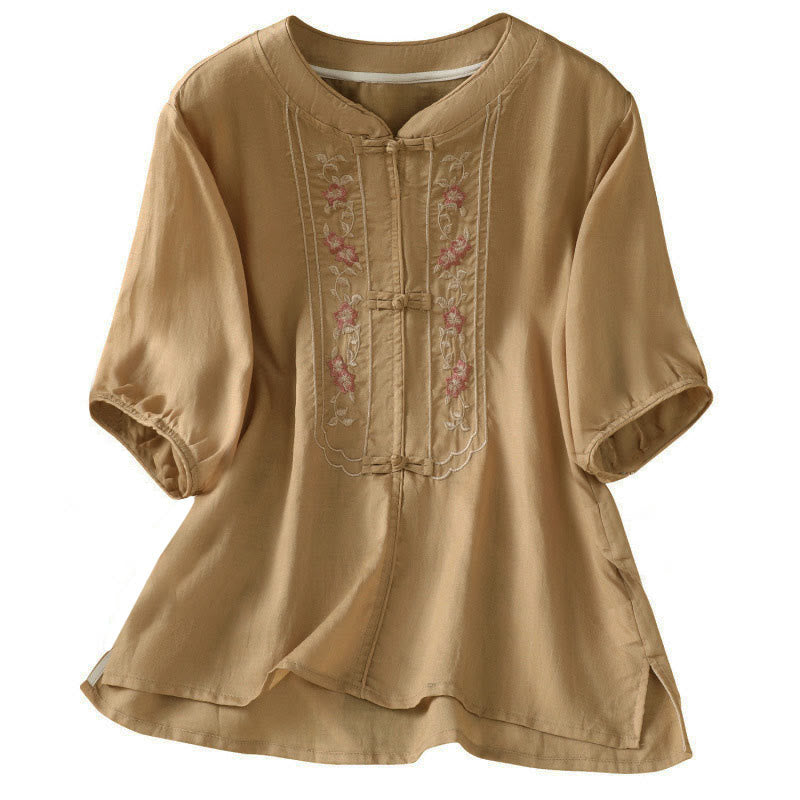 Buddha Stones Frog-button Stand Collar Embroidered Flower Elastic Cuff Three Quarter Sleeve Women's Shirt - image 13