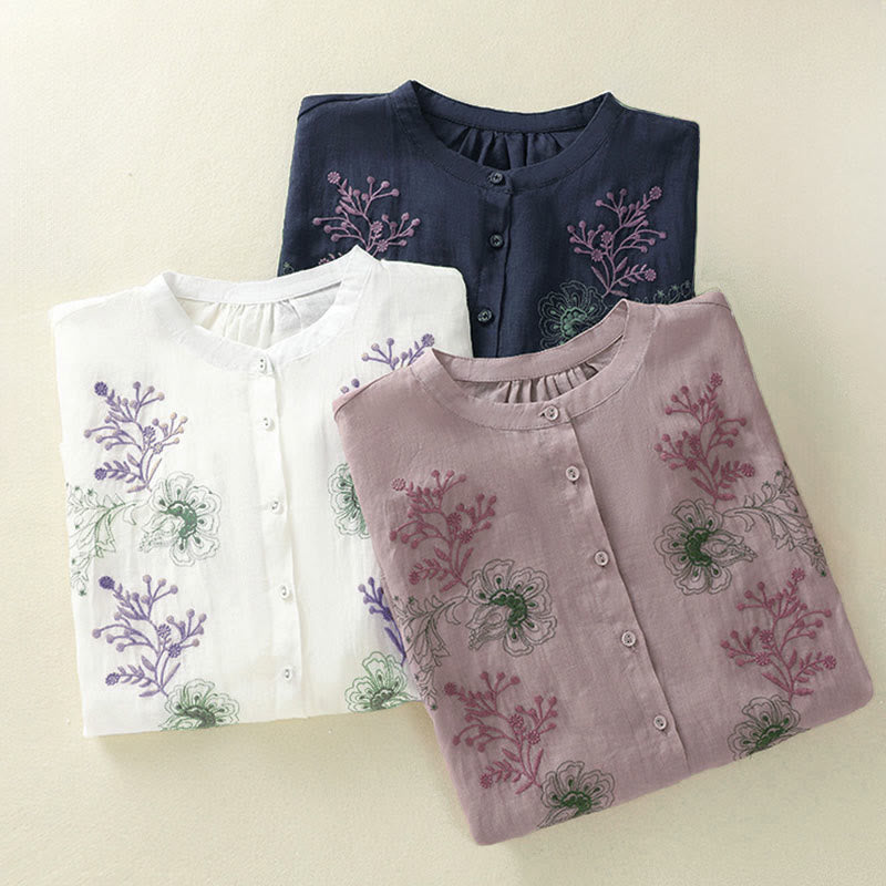 Buddha Stones Embroidery Pleated Design Stand Collar Three Quarter Sleeve Side Slit Hem Women's Shirt - image 26