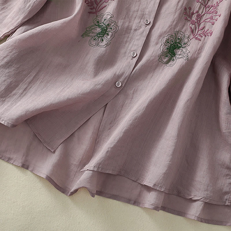 Buddha Stones Embroidery Pleated Design Stand Collar Three Quarter Sleeve Side Slit Hem Women's Shirt - image 13