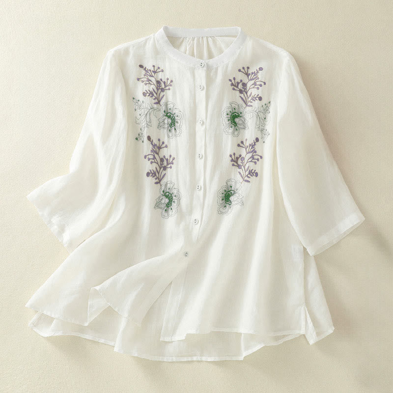 Buddha Stones Embroidery Pleated Design Stand Collar Three Quarter Sleeve Side Slit Hem Women's Shirt - White - US8-10，UK/AU12-14，EU40-42 (2XL) - image 16