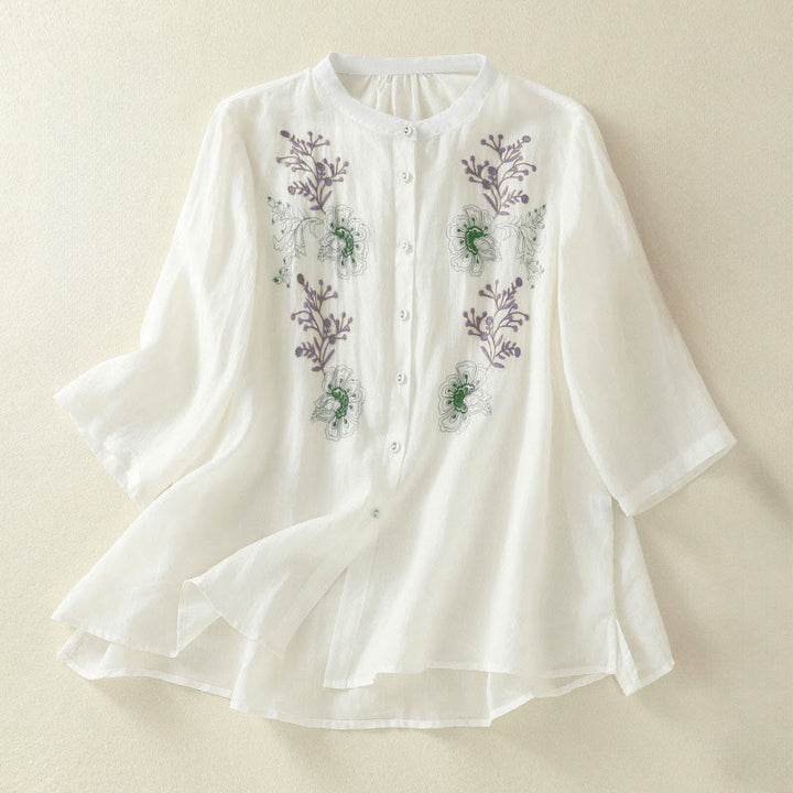Buddha Stones Embroidery Pleated Design Stand Collar Three Quarter Sleeve Side Slit Hem Women's Shirt - White - US8-10，UK/AU12-14，EU40-42 (2XL) - image 16