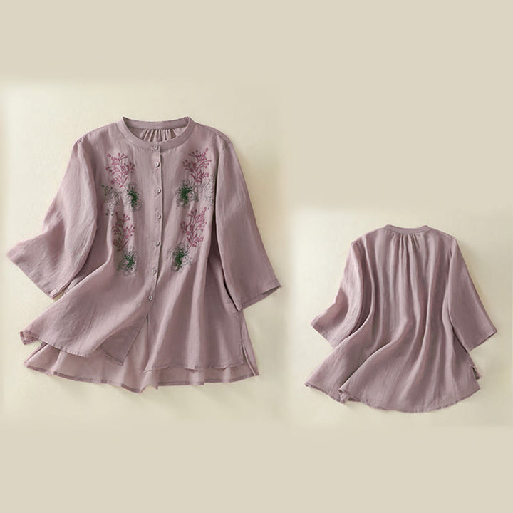 Buddha Stones Embroidery Pleated Design Stand Collar Three Quarter Sleeve Side Slit Hem Women's Shirt - image 15