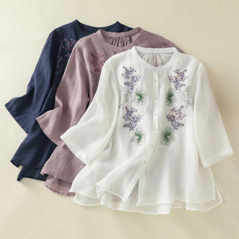 Buddha Stones Embroidery Pleated Design Stand Collar Three Quarter Sleeve Side Slit Hem Women's Shirt - image 25
