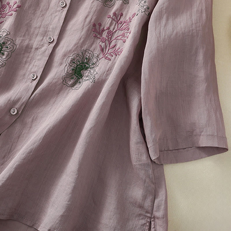 Buddha Stones Embroidery Pleated Design Stand Collar Three Quarter Sleeve Side Slit Hem Women's Shirt - image 12