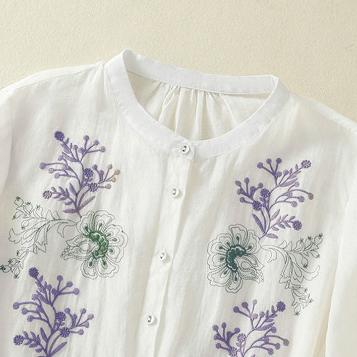 Buddha Stones Embroidery Pleated Design Stand Collar Three Quarter Sleeve Side Slit Hem Women's Shirt - image 18