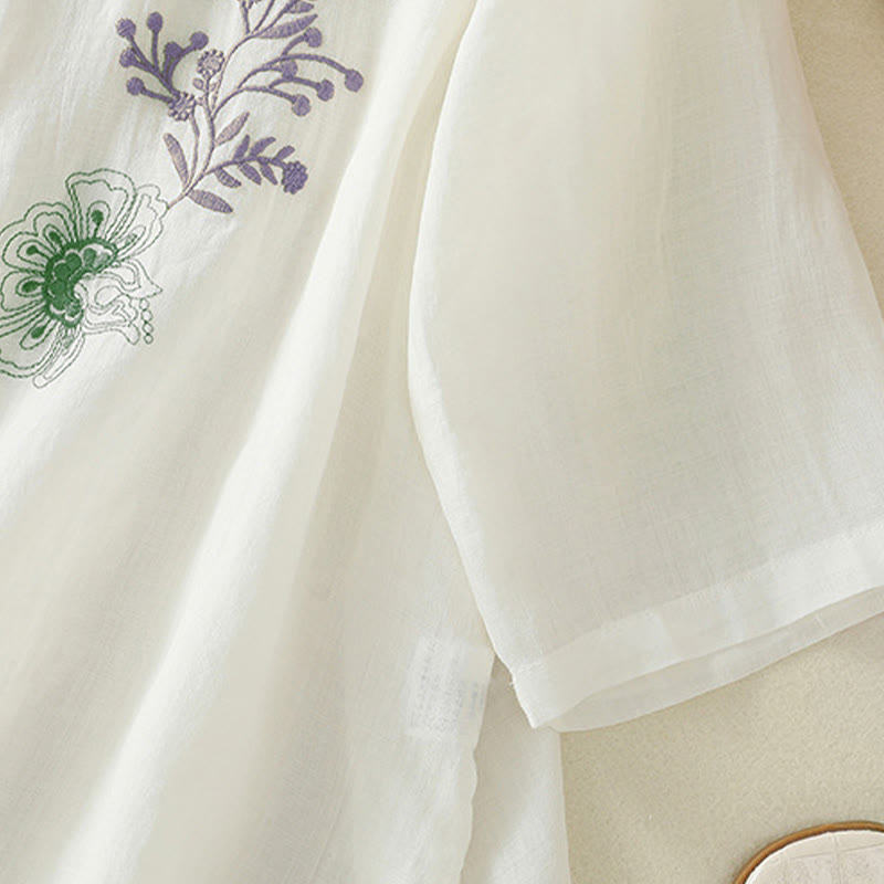 Buddha Stones Embroidery Pleated Design Stand Collar Three Quarter Sleeve Side Slit Hem Women's Shirt - image 21