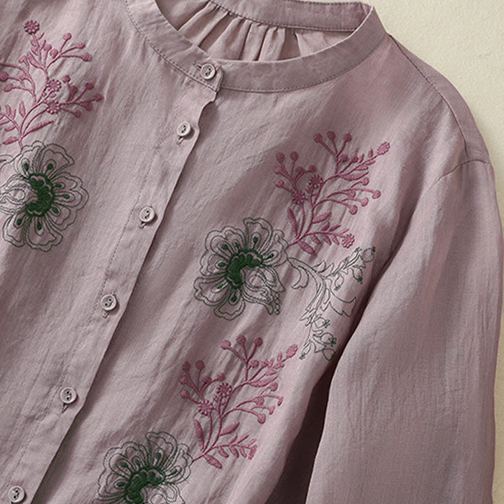 Buddha Stones Embroidery Pleated Design Stand Collar Three Quarter Sleeve Side Slit Hem Women's Shirt - image 11