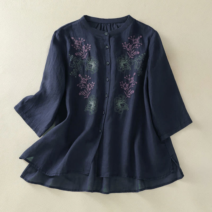 Buddha Stones Embroidery Pleated Design Stand Collar Three Quarter Sleeve Side Slit Hem Women's Shirt - MidnightBlue - US8-10，UK/AU12-14，EU40-42 (2XL) - image 0