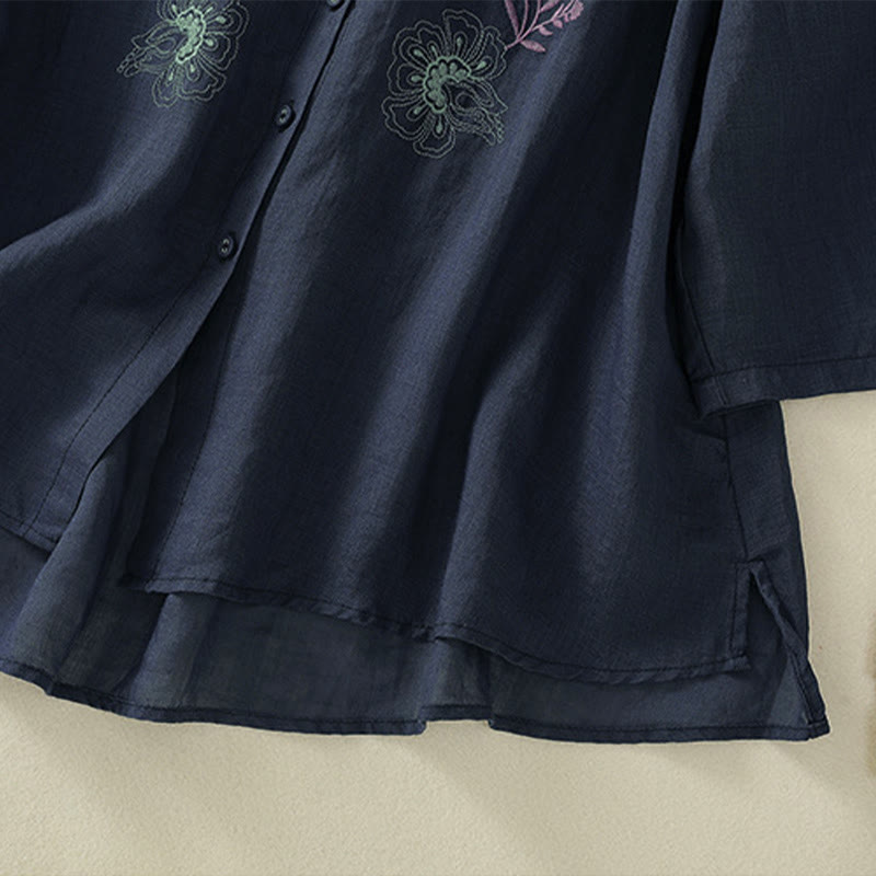 Buddha Stones Embroidery Pleated Design Stand Collar Three Quarter Sleeve Side Slit Hem Women's Shirt - image 6