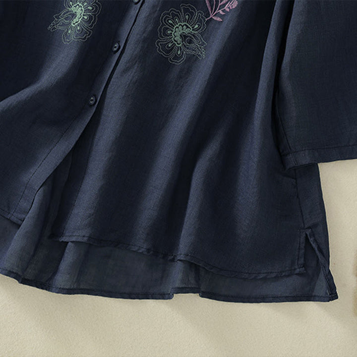 Buddha Stones Embroidery Pleated Design Stand Collar Three Quarter Sleeve Side Slit Hem Women's Shirt - image 6