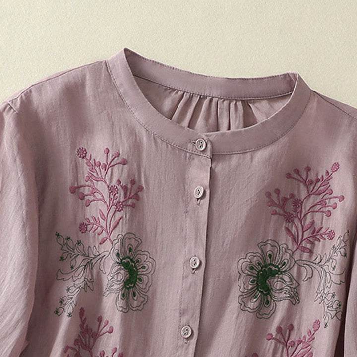 Buddha Stones Embroidery Pleated Design Stand Collar Three Quarter Sleeve Side Slit Hem Women's Shirt - image 9