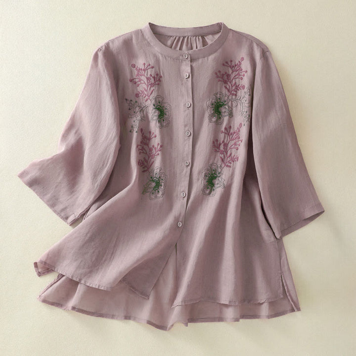 Buddha Stones Embroidery Pleated Design Stand Collar Three Quarter Sleeve Side Slit Hem Women's Shirt - RosyBrown - US8-10，UK/AU12-14，EU40-42 (2XL) - image 7