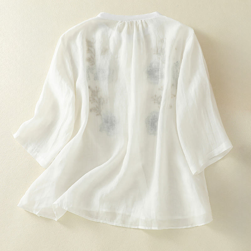 Buddha Stones Embroidery Pleated Design Stand Collar Three Quarter Sleeve Side Slit Hem Women's Shirt - image 17