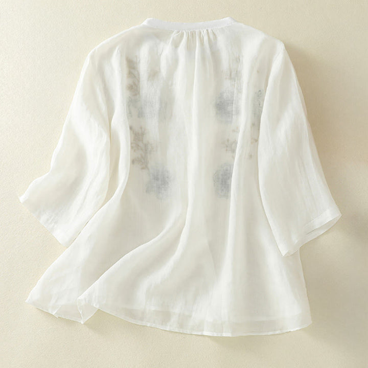 Buddha Stones Embroidery Pleated Design Stand Collar Three Quarter Sleeve Side Slit Hem Women's Shirt - image 17