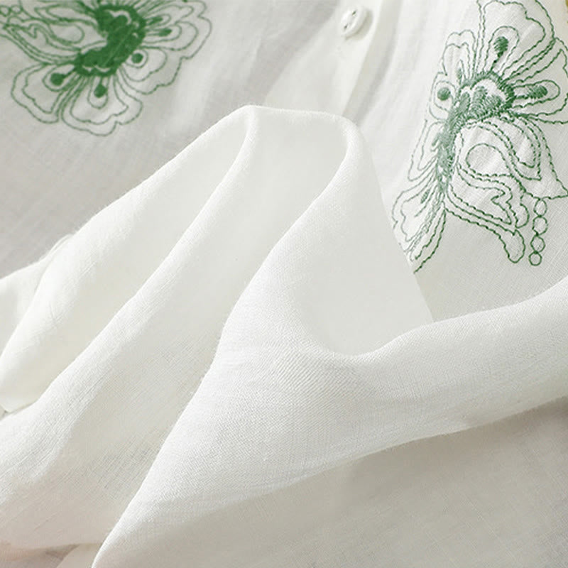 Buddha Stones Embroidery Pleated Design Stand Collar Three Quarter Sleeve Side Slit Hem Women's Shirt - image 22