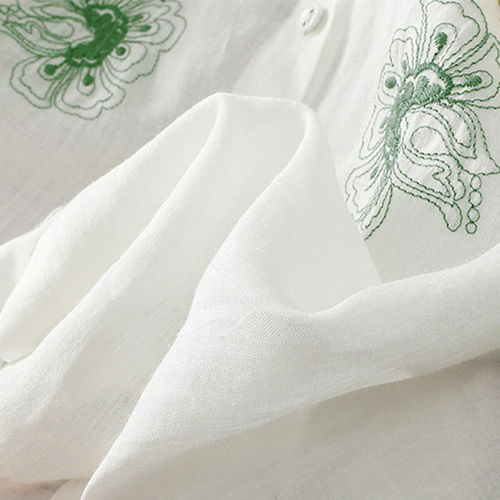 Buddha Stones Embroidery Pleated Design Stand Collar Three Quarter Sleeve Side Slit Hem Women's Shirt - image 22