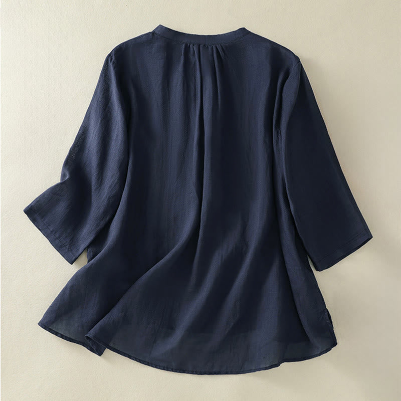 Buddha Stones Embroidery Pleated Design Stand Collar Three Quarter Sleeve Side Slit Hem Women's Shirt - image 1