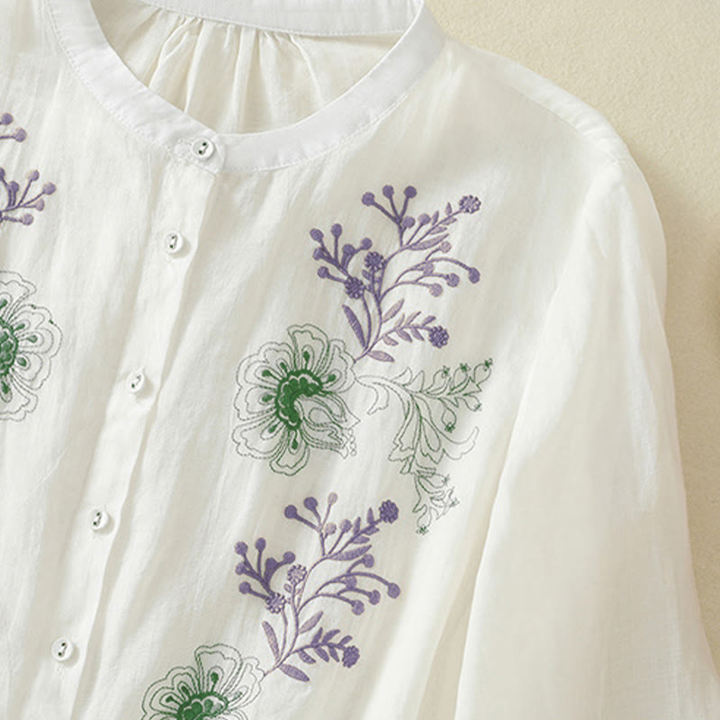Buddha Stones Embroidery Pleated Design Stand Collar Three Quarter Sleeve Side Slit Hem Women's Shirt - image 20