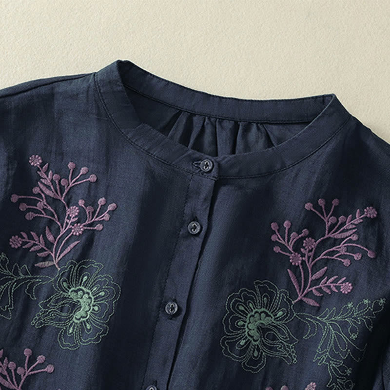 Buddha Stones Embroidery Pleated Design Stand Collar Three Quarter Sleeve Side Slit Hem Women's Shirt - image 2