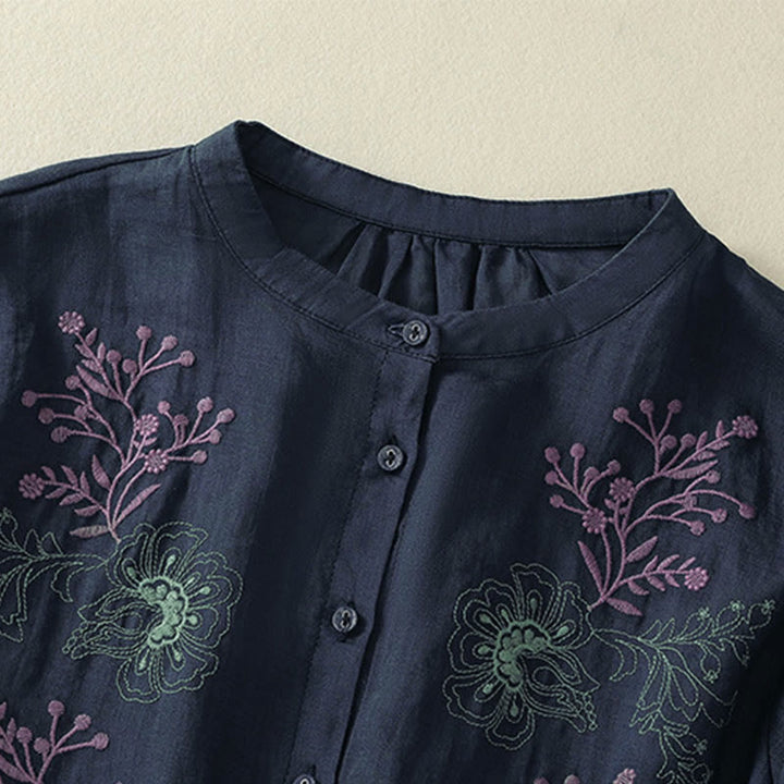 Buddha Stones Embroidery Pleated Design Stand Collar Three Quarter Sleeve Side Slit Hem Women's Shirt - image 2